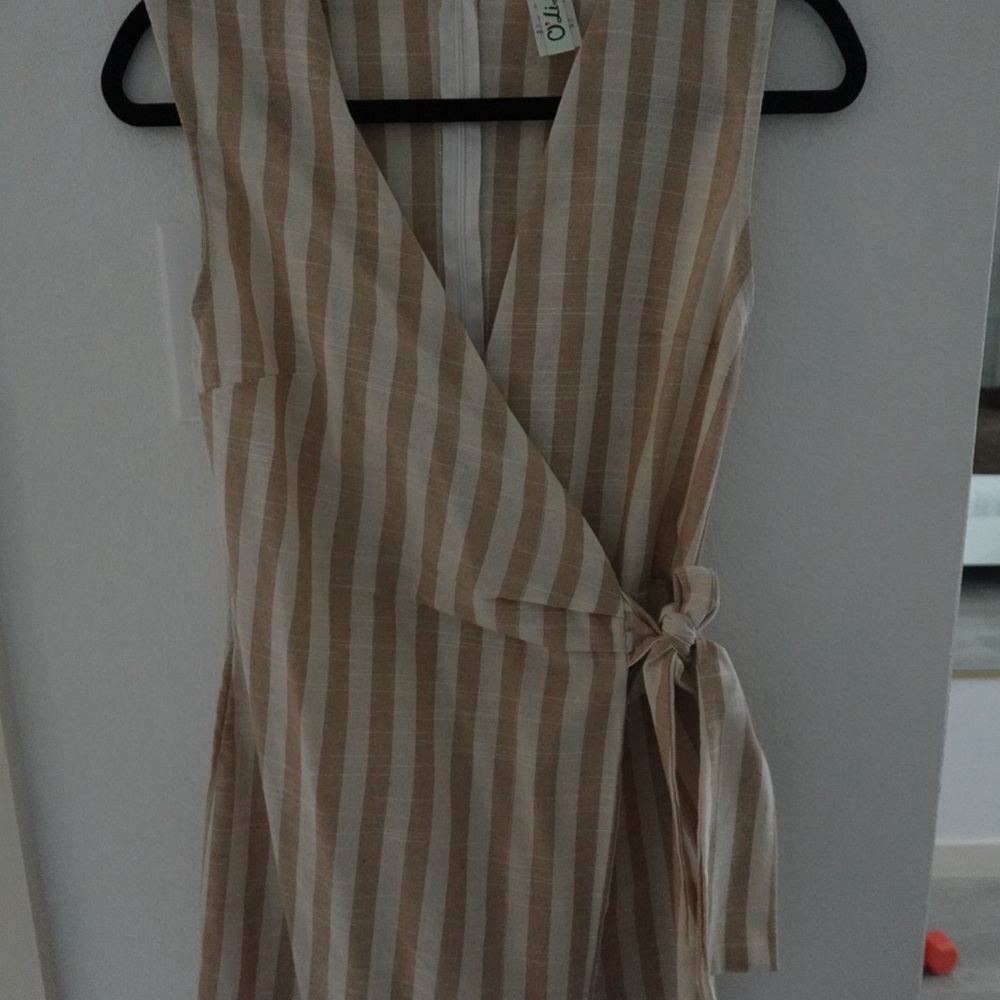 Olivaceous Beige and White Striped Mini Dress